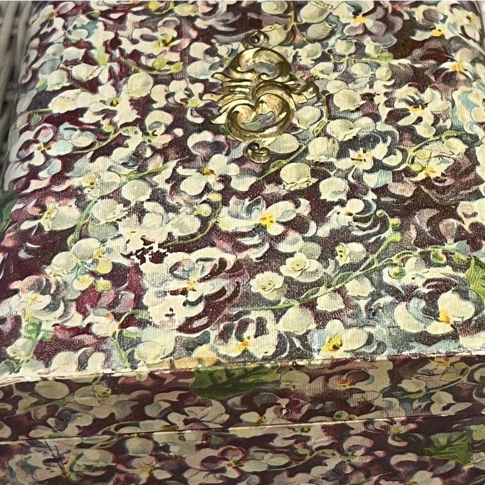 Vintage Decoupage Floral Jewelry Box Keepsake Box Ruched Pink Lining Mid century
